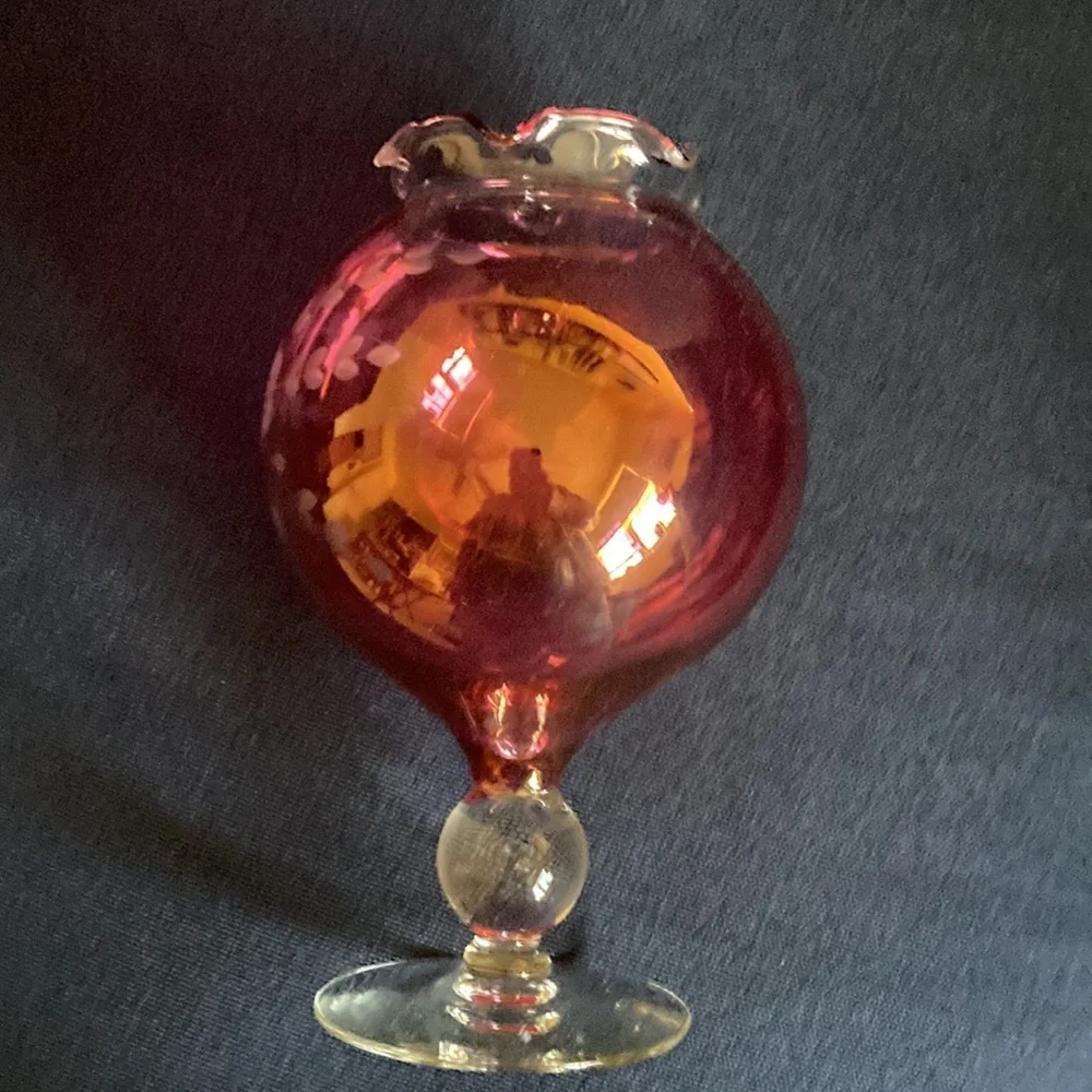 Vintage cranberry ruffle edged pedestal goblet flower bowl
